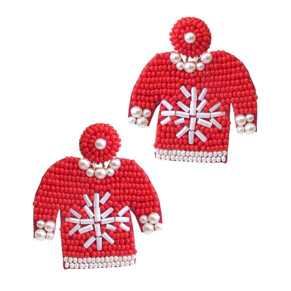 Holiday Red Beaded Snowflake "Ugly Sweater" Drop Earrings - Picture 1 of 2